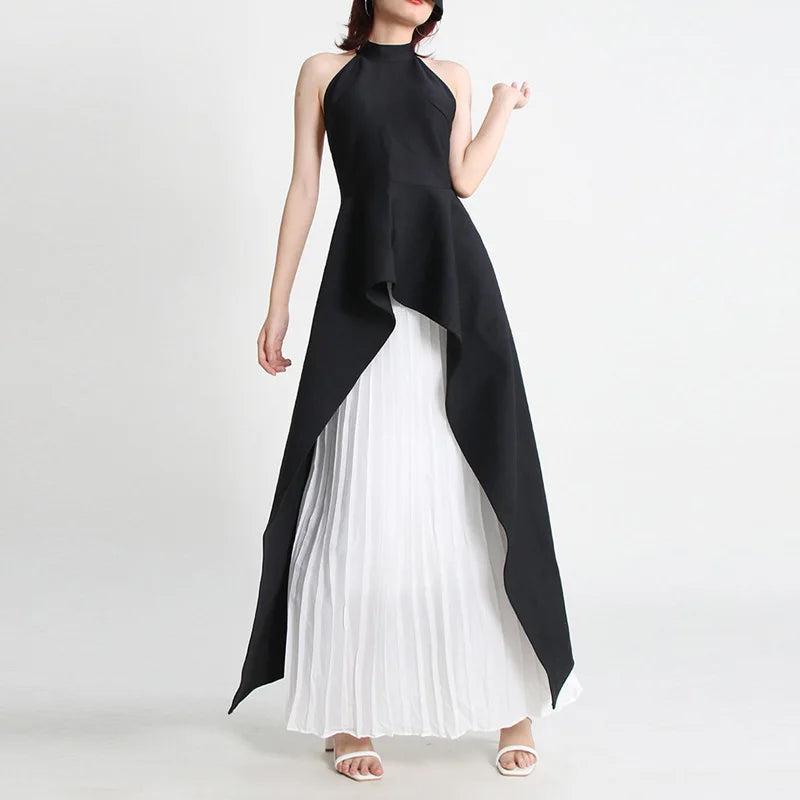 Party Dress Lady Chic Sleeveless Pleated Long Dress Elegant High Waist Evening Maxi Dress Women Fashion Gradient Patchwork Black