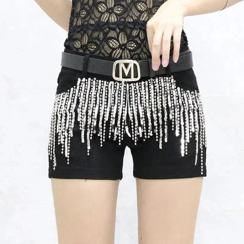 Black Sequins tassels Denim Shorts Women's Streetwear 2023 Summer New Korean Slim Chain Trend Hot Pants White Casual Short Jeans Black Aa