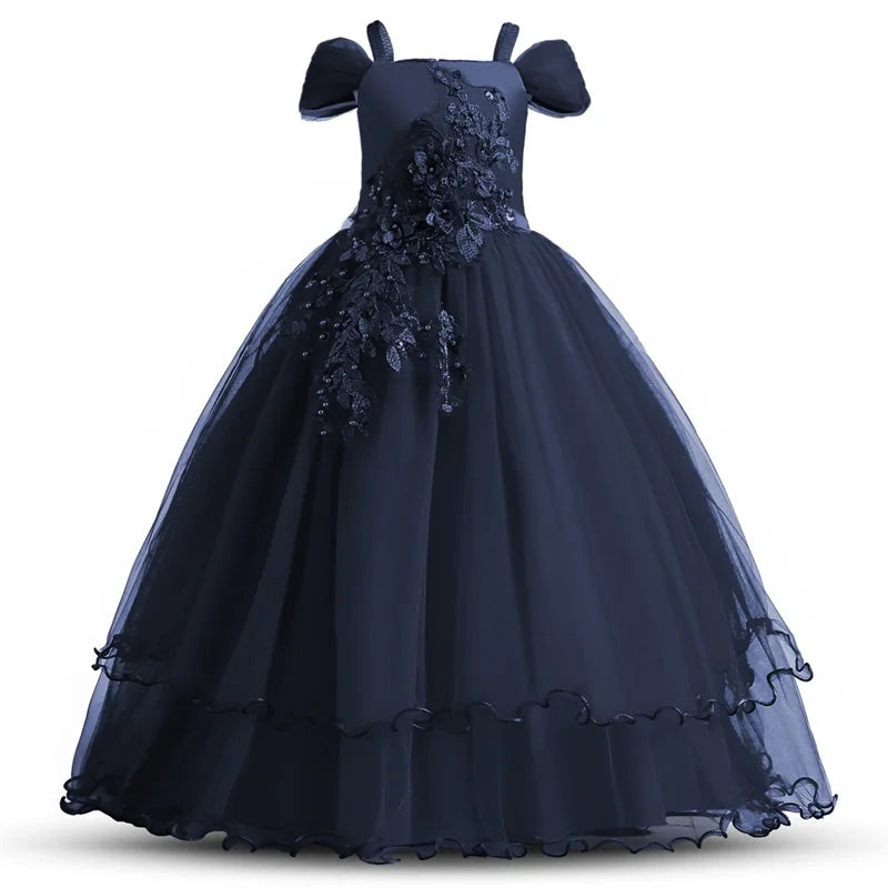 Girls Christmas Dress For Kids Wedding Evening Party Bridesmaid Long Dress Prom Gown Children Teenager New Year Princess Costume Dark blue 02