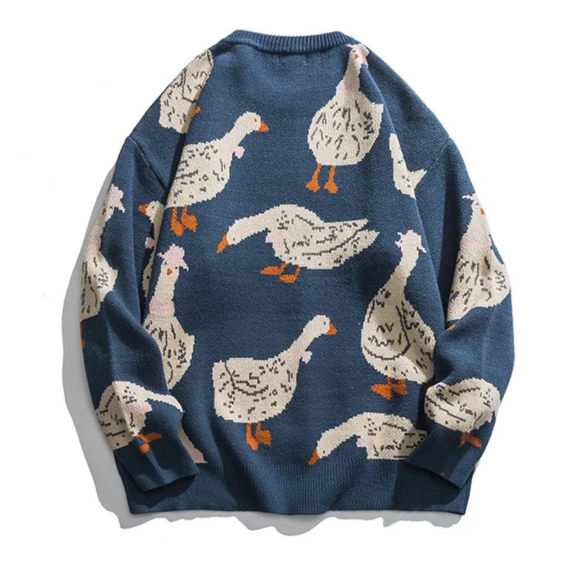 Japanese Knitted Sweater Men Cartoon Animal Duck Goose Print Pullover Harajuku Casual O-neck Oversize Top Streetwear Unisex Fall