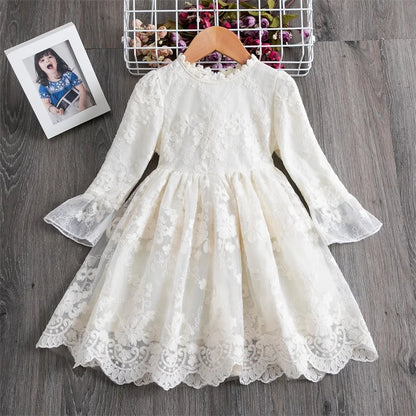 Princess Girl Dress Girls Clothes Long Sleeve Tulle Party Dresses for Girls Kids Lace Children Casual Clothing Baby Vestidos White 3