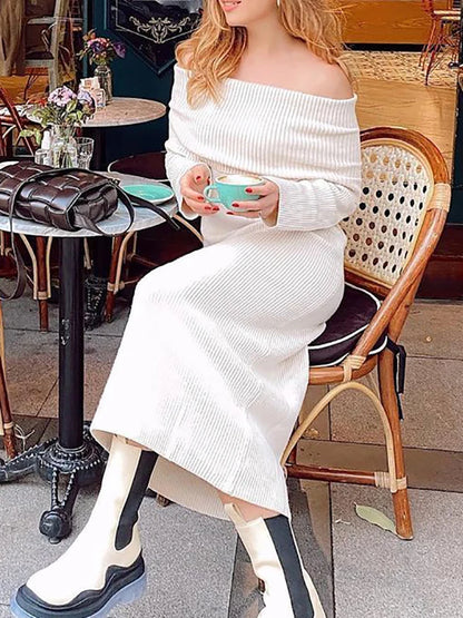 Vintage Women Elegant Off The Shouder Bomb Knitted Long Dresses 2023 Spring Fashion Ladies Slim Chic Dress Female Stylish