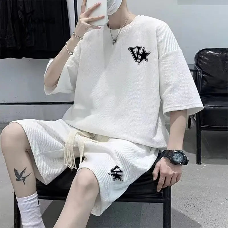 Korean Fashion Men Short Sets Hip Hop Rock Casual Short Suit Funny Bear Tshirts Shorts 2 Piece Set Summer Tracksuit Men 2023 New