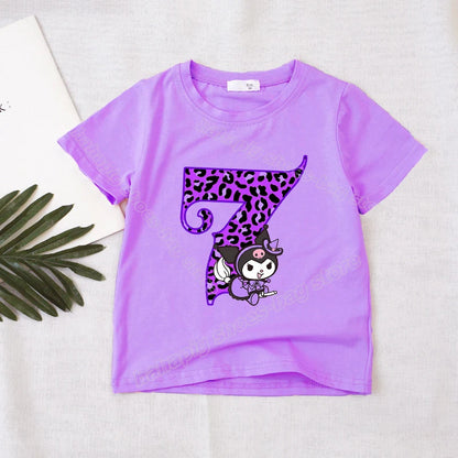 Kuromi Number T-Shirt Girl Birthday Clothes Short Sleeve Purple  Kids T-Shirts Kawaii Children Tee Cartoon Casual Toddler Tops