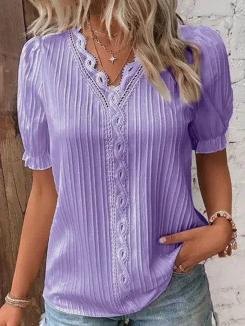 2024 Summer New Women's Blouse Top Solid Sexy V-Neck Hollow Short Sleeve Fashion Splice Plus Size Loose Street Apparel Shirt PURPLE