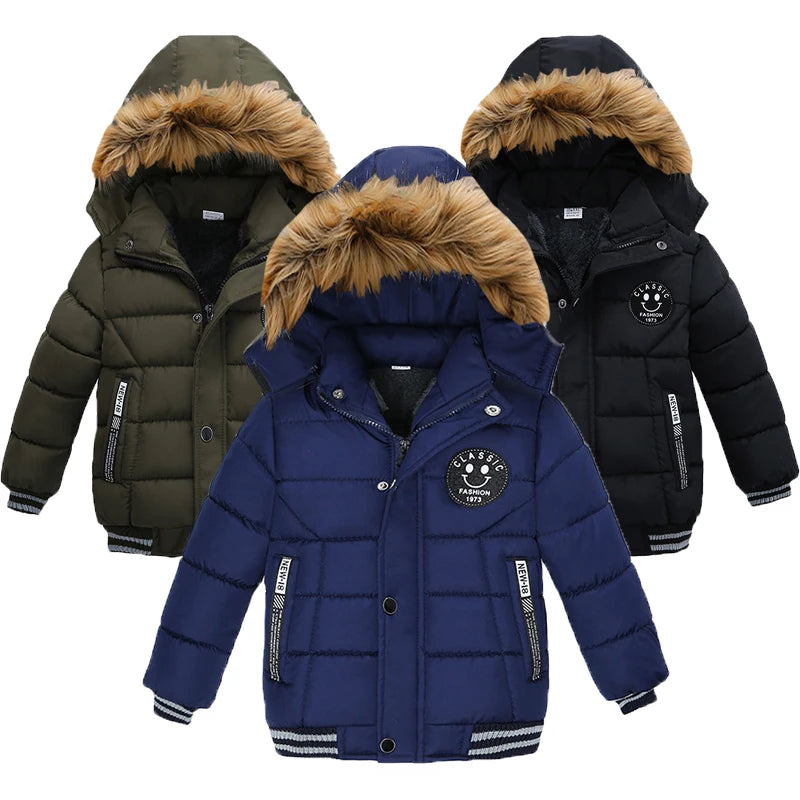 2 3 4 5 6 Years Boys Jacket Autumn Winter New Solid Color Thicken Hooded Zipper Fashion Fur Collar Kids Keep Warm Outerwear