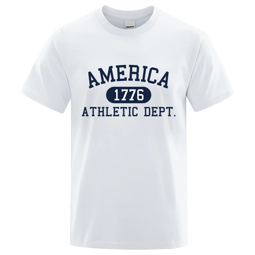 America 1776 Athletic Dept Letter Tshirt Man Fashion Tee Clothes Summer Luxury T-Shirt Hip Hop Breathable Cotton Tee Clothes White