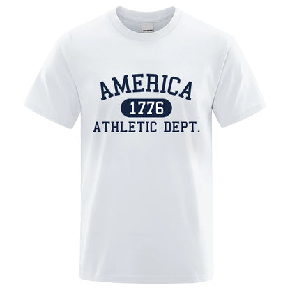 America 1776 Athletic Dept Letter Tshirt Man Fashion Tee Clothes Summer Luxury T-Shirt Hip Hop Breathable Cotton Tee Clothes White