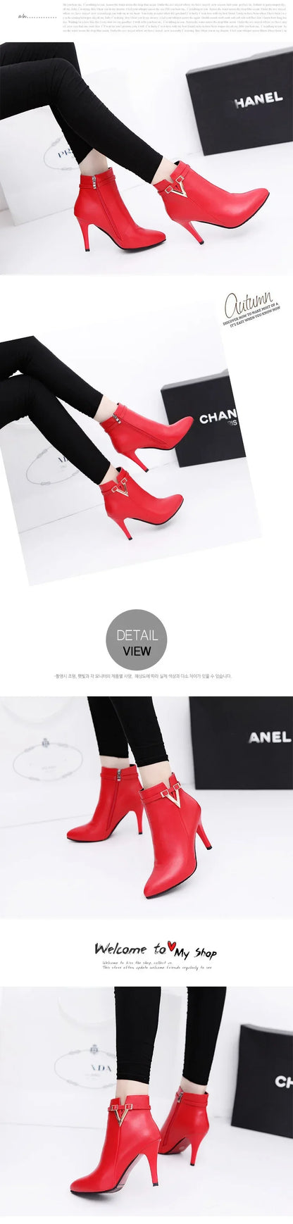 Stiletto Thin Heel Pointed Toe Faux Leather Zipper Sexy Boots Ankle Women Boot Red High Heels 9cm Spring Autumn 40 Boot