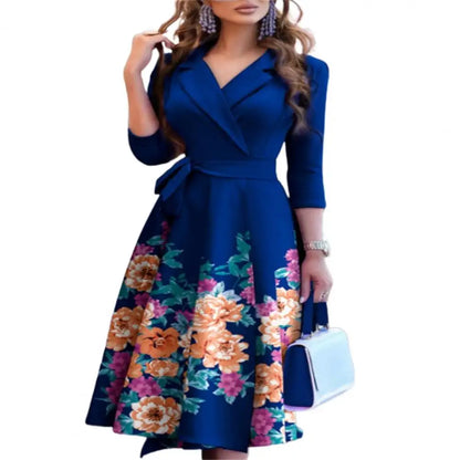 Elegant Women Dress Solid Color Turn-down Collar Three Quarter Sleeve Floral Print Spring Dress For Work Blue