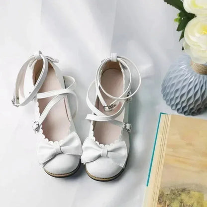 HoneyCherry NEW Lolita Shoes Princess Shoes Students Lovely Shoes Women Flats Low Round With Cross Straps Bow WHITE