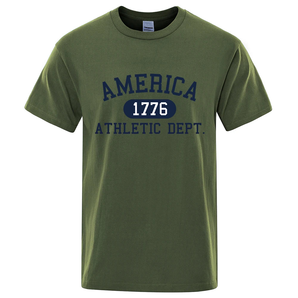 America 1776 Athletic Dept Letter Tshirt Man Fashion Tee Clothes Summer Luxury T-Shirt Hip Hop Breathable Cotton Tee Clothes Dark Gree