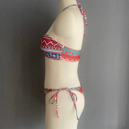 Boho Print Bikini Halter String Bandeau Swimsuit Separate Retro Trend Swimwear Y2K Beach Micro Tanga Women Vacation Bathing Suit