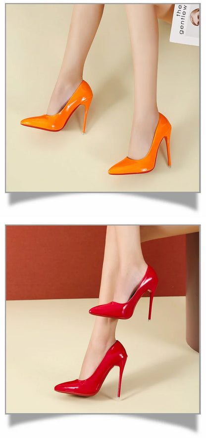 2023 Spring Super High 12cm Stiletto Heels Pumps Women Shoes Pointed Toe Florescence Patent Leather Office Thin Heel