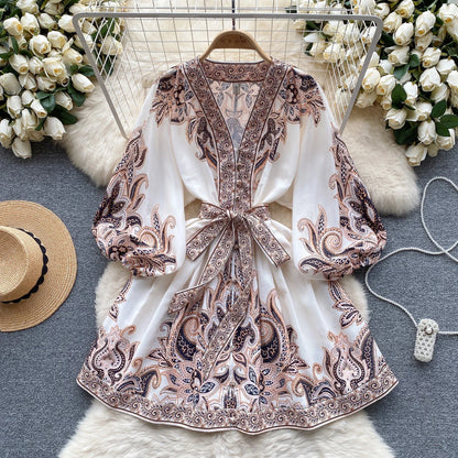 Vintage Print Elegant Puff Sleeve A-line Vneck Mini Dress Casual Women Fashion Autumn Spring Dress