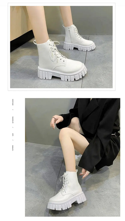 Rimocy Chunky Platform White Ankle Boots Women Autumn Winter Pu Leather Combat Booties Mujer Punk Thick Bottom Motorcycle Boots