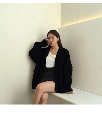 2024 Autumn Women's Sweater Fashion V-neck Vintage Knitted Cardigan Korean Loose Solid Sweaters Female