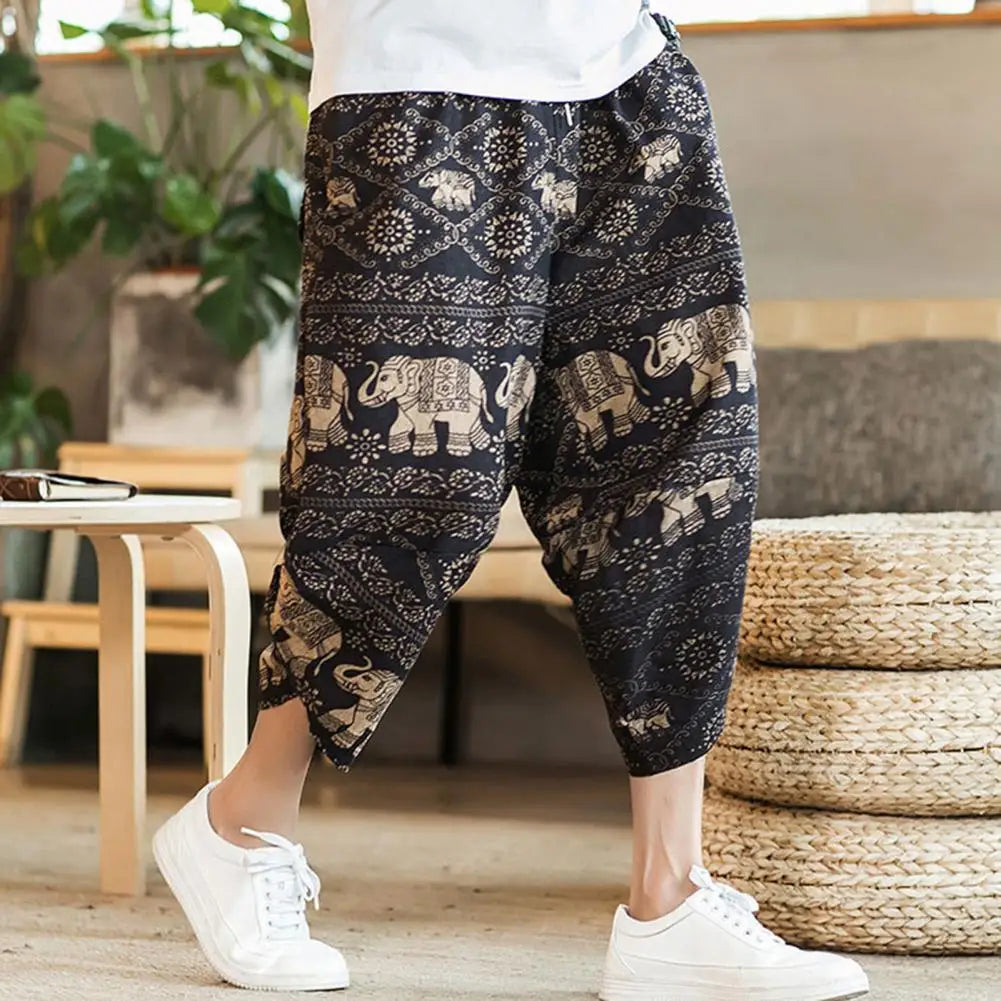 Harajuku Summer Loose Calf Length Casual Pants Men Wide Leg Cotton Linen Printing Baggy Pants Oversize Men's Trousers