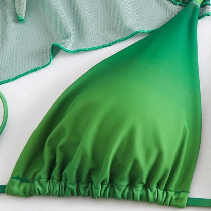 Girls 3pack Thong Bikini with Long Sleeve Cover Ups Kids Swimsuit 7-12 Years Children's Swimwear 2024 Teens Bathing Suit Green