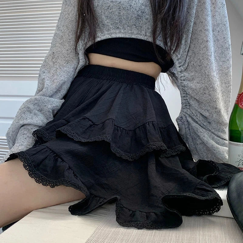 Mini Skirts Women Summer Ruffles Design Solid Sweet Fashion High Waist Lovely Korean Style All-match Girlish Tender New Simple