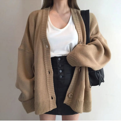 2024 Autumn Women's Sweater Fashion V-neck Vintage Knitted Cardigan Korean Loose Solid Sweaters Female