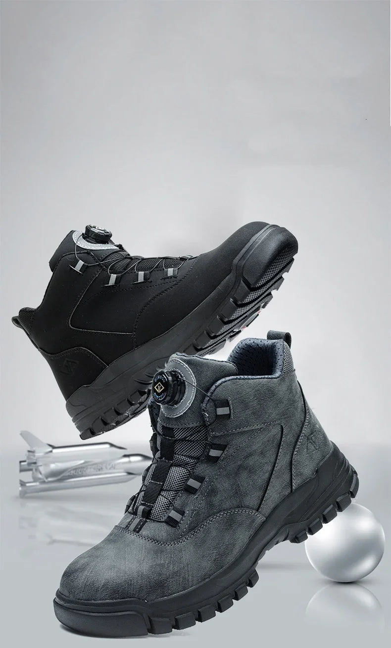 Black Leather Winter Fashion 2023 Rotating Buttons Safety Shoes Men Waterproof Work Boots Men Anti-puncture Protective Footwear