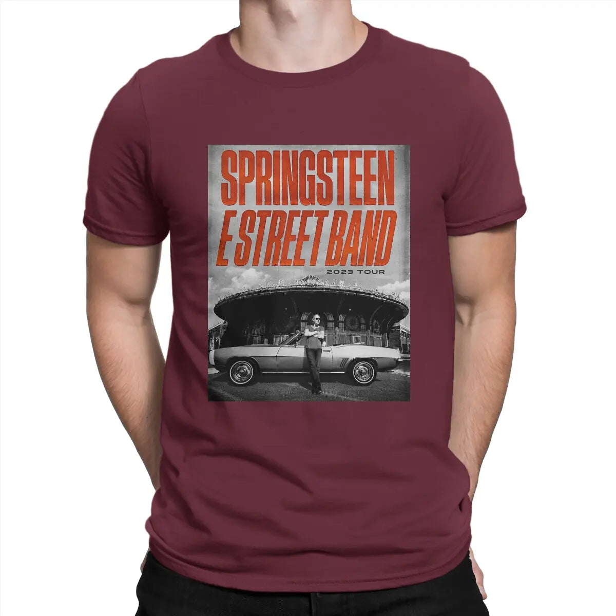 Poster T Shirt Men's 100% Cotton Novelty T-Shirts Crewneck Bruce The E Street Band Springsteen Tee Shirt Short Sleeve Tops Burgundy