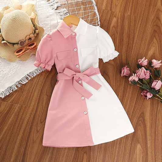 Summer Girl's Dress Shirt Patchwork Color Lapel Puff Sleeve Lace-up A-line Knee-length Skirt Fashionable Sweet Daily Casual CF2032pink