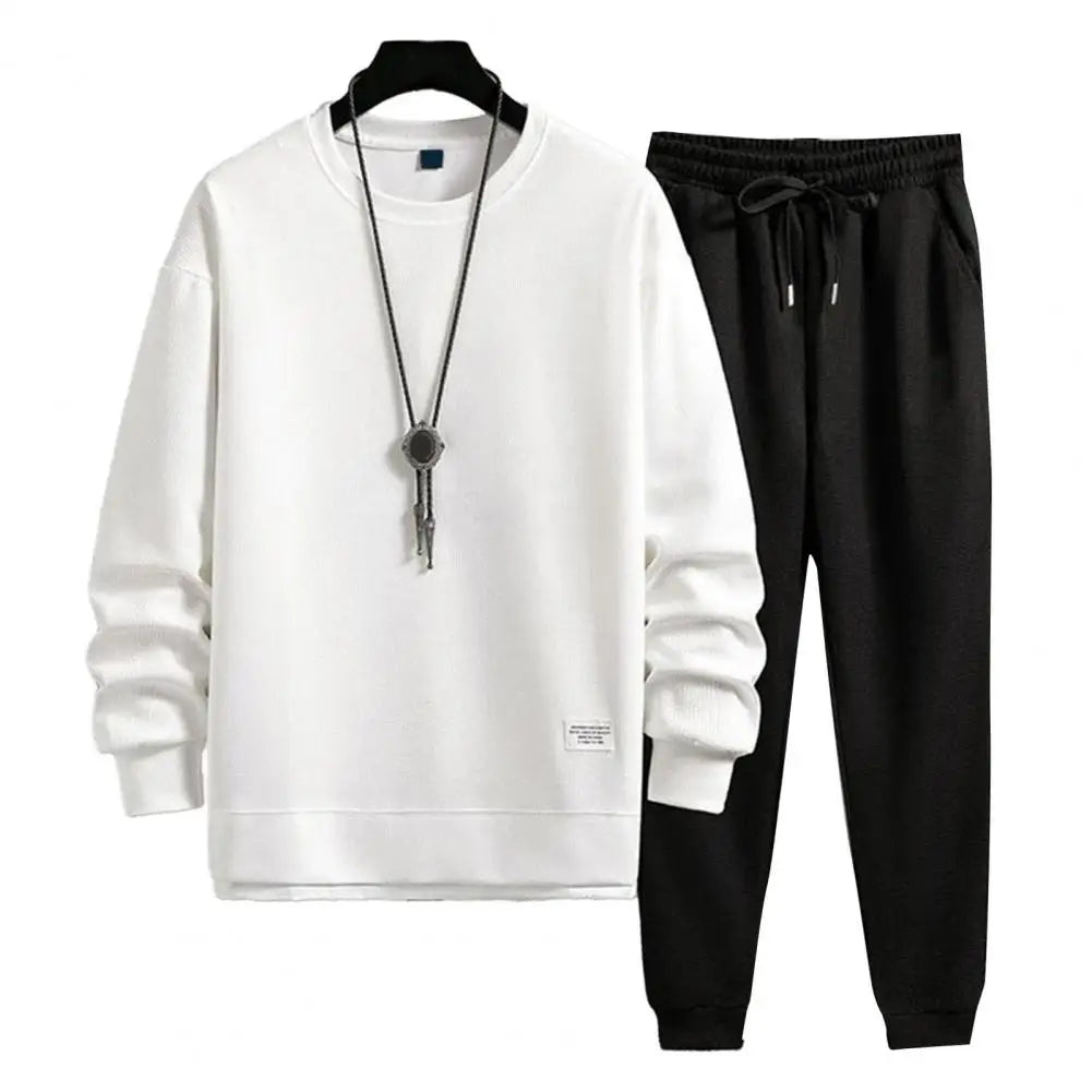 Men Tracksuit Set Jogging Suit with Pockets Cozy Sportswear Set 2-piece Sweatshirt Pants Ensemble with Elastic Waist for Autumn WHITE