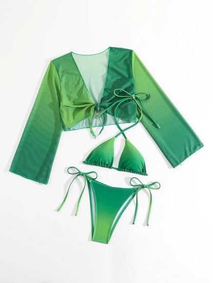 Girls 3pack Thong Bikini with Long Sleeve Cover Ups Kids Swimsuit 7-12 Years Children's Swimwear 2024 Teens Bathing Suit Green