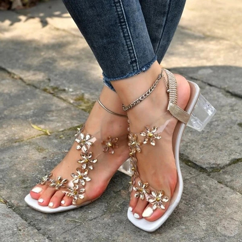 2022 Sandals Women Summer New Fashion Women's Bling Bling Flowers Rhinestone Transparent Root Open Toe Sandals Woman Shoes