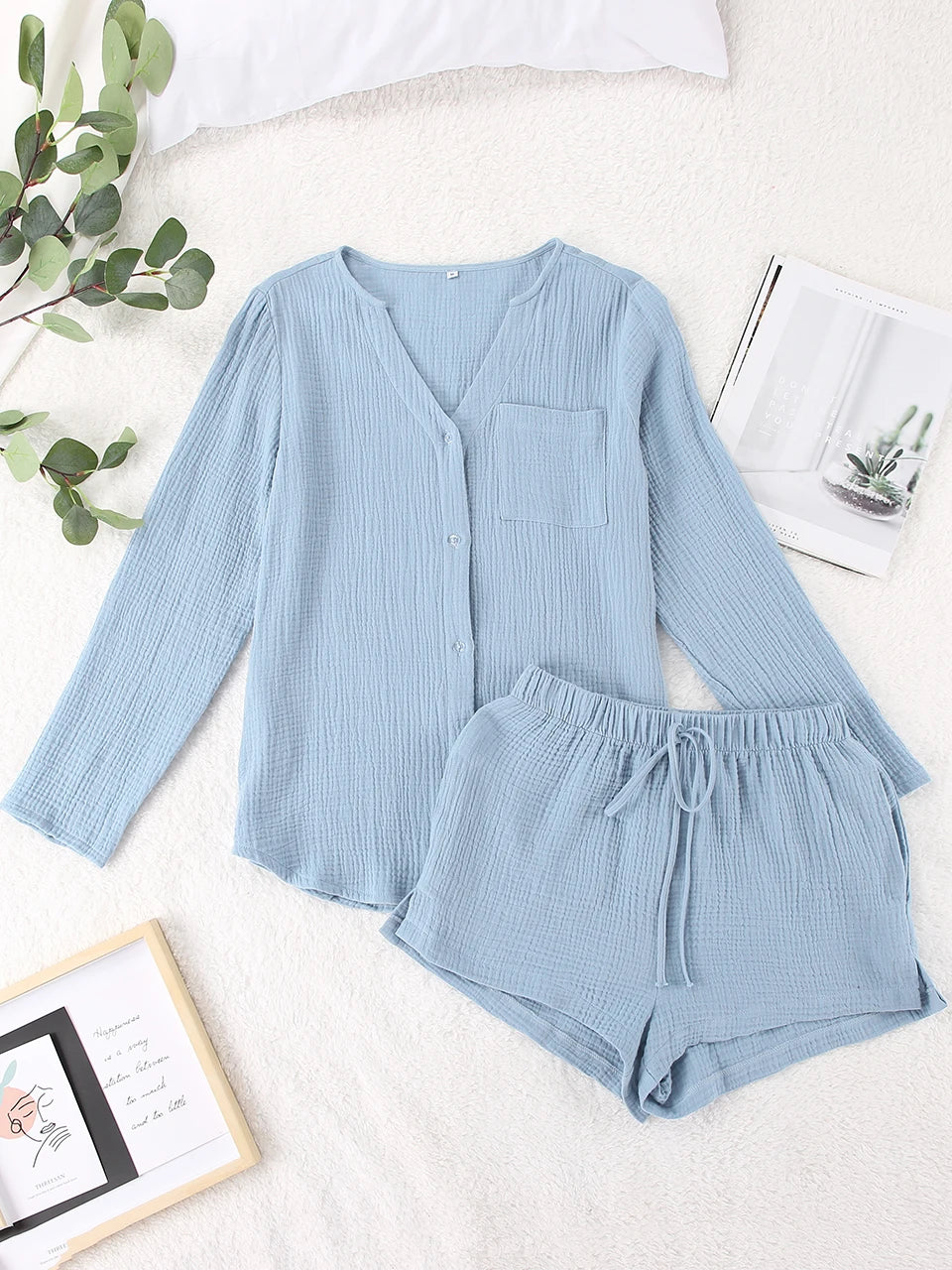 100% Cotton Autumn Sleepwear Suits With Shorts Pyjamas Pocket Nightwear Single Breasted Women's Nightgown Full Sleeve Women Pajama Blue