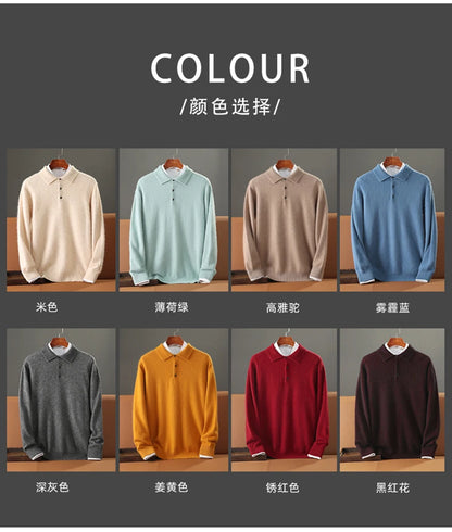 Men's Shirt 100% Mink Cashmere Sweater Casual Business POLO Collar Pullover Autumn Winter Warm Knit Base Shirt Men's Clothing