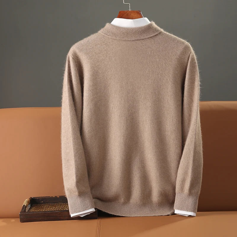 Men's Shirt 100% Mink Cashmere Sweater Casual Business POLO Collar Pullover Autumn Winter Warm Knit Base Shirt Men's Clothing