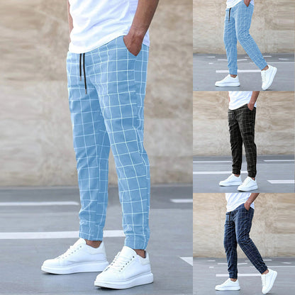 Cute Men's Fashion Plaid Print Pants Men's Casual Drawstring Trousers