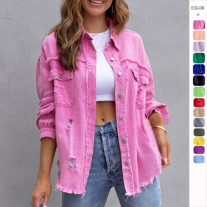 Comfy Women's Fashion Ripped Shirt Jacket Autumn Spring Season