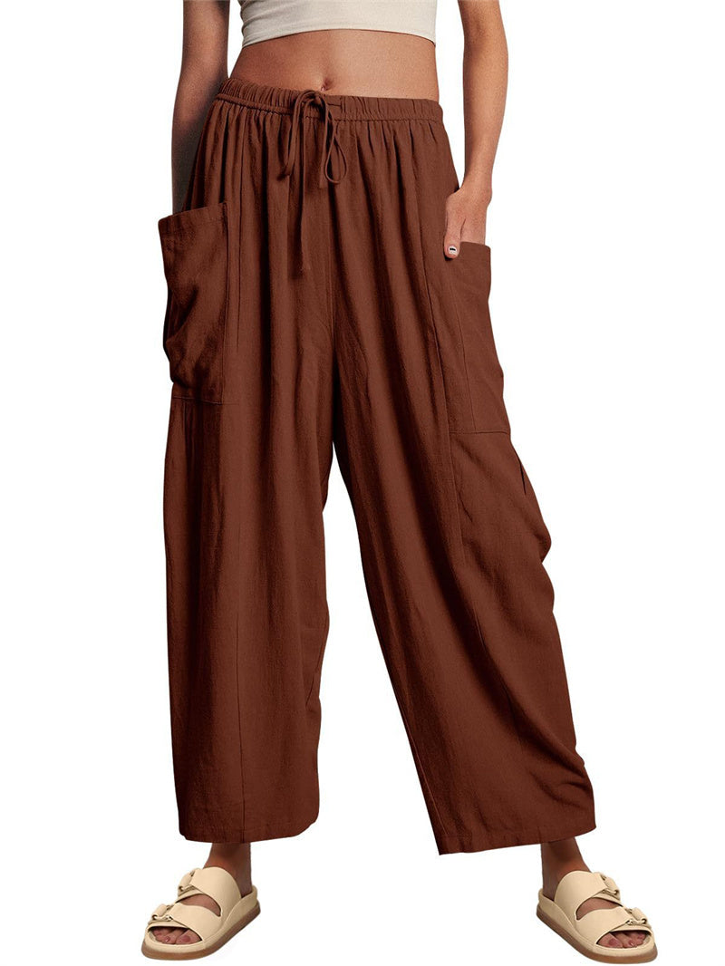 Fashion Wide Leg Pants Summer Loose Elastic High Waist Pleated Trousers Solid Color Womens Clothing Coffee