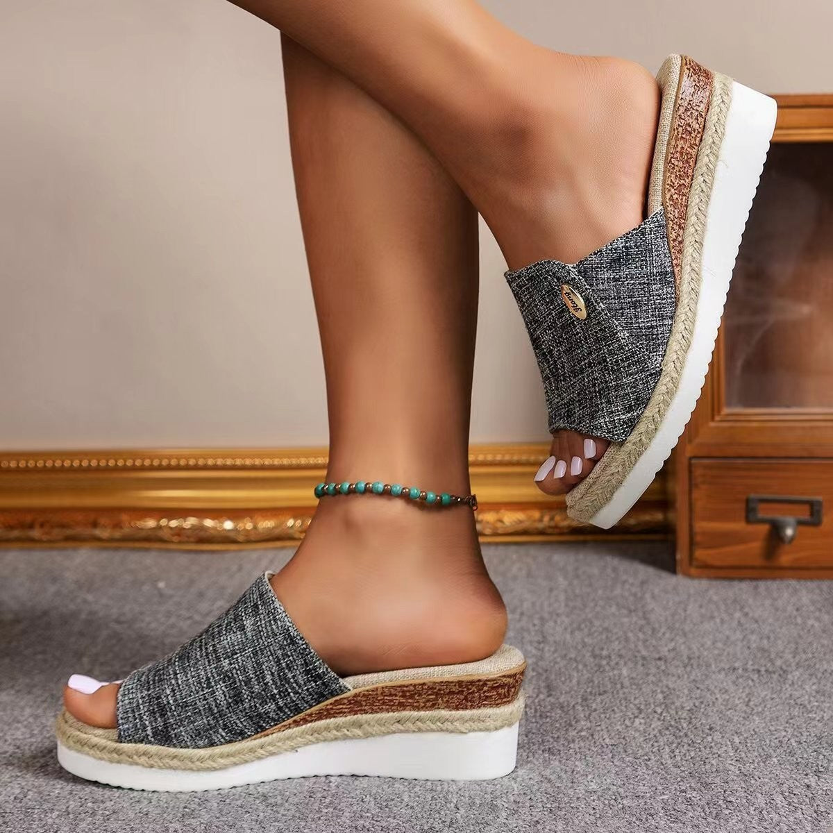 Denim Canvas Female Wedges Sandals Summer Fashion Hemp High Heel Slippers Outdoor Thick Bottom Fish Mouth Shoes For Women Grey