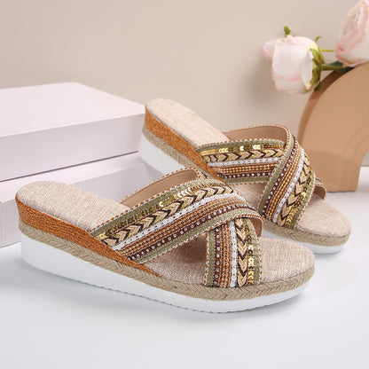 Linen Women's Female Wedge Sandals Summer Ethnic Style Cross-strap Sandals For Women Non-slip Slides Beach Shoes Yellow