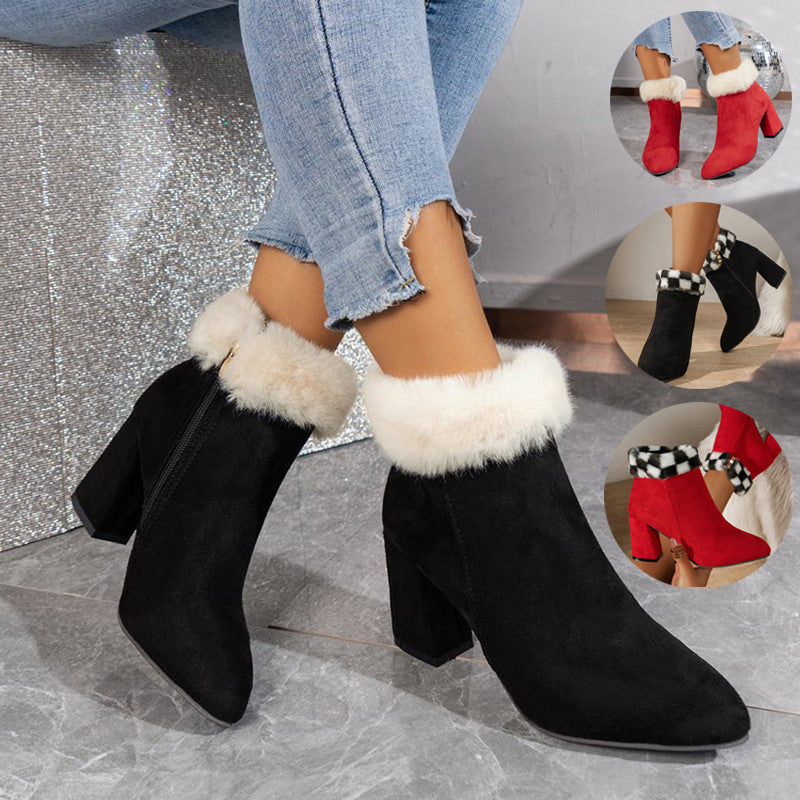 Women's Plush Ankle Boots Winter Fashoin Square Heel Suede Boots