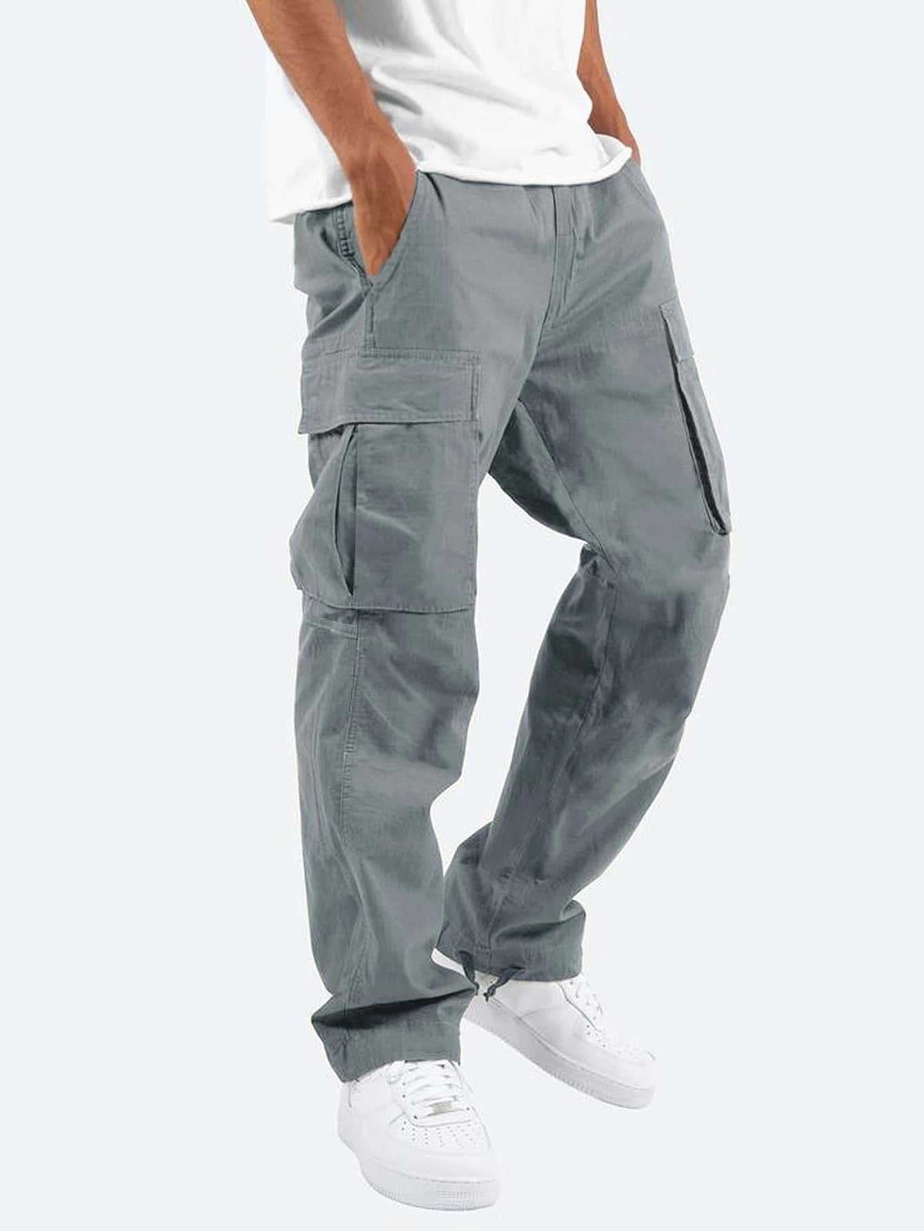 Elegant Men's Workwear Drawstring Multi-pocket Casual Pants Grey