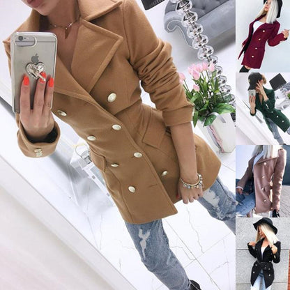 Elegant Women Autumn Winter Long-Sleeve Double-Breasted Nizi Coat