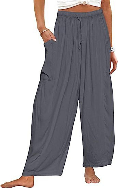 Fashion Wide Leg Pants Summer Loose Elastic High Waist Pleated Trousers Solid Color Womens Clothing Grey