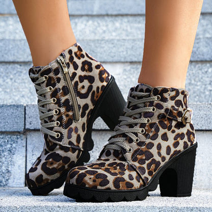 Women's Leopard Print Ankle Boots Winter Square Heel Suede Lace-up Zip Boot Shoes