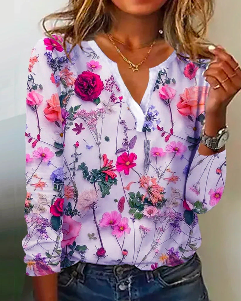 Lovely Women's Printed V-neck Long-sleeved T-shirt Top Purple