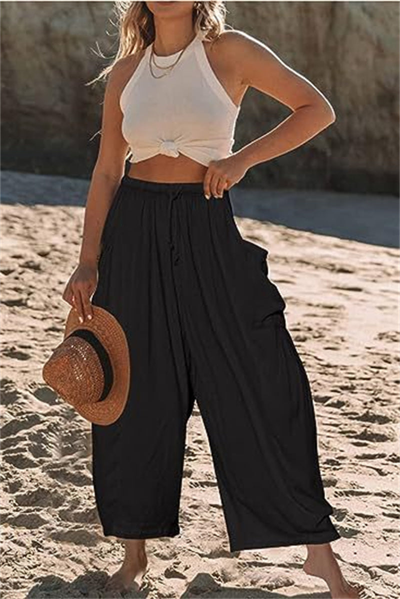 Fashion Wide Leg Pants Summer Loose Elastic High Waist Pleated Trousers Solid Color Womens Clothing Black