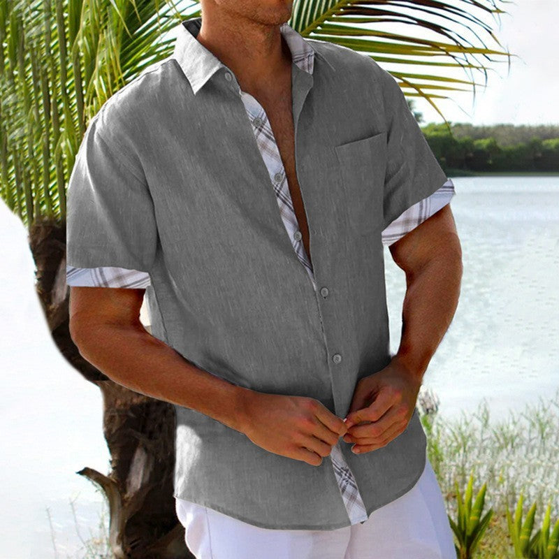 Vacation Short Sleeve Shirts With Plaid Side Summer Hawaii Beach Top Mens Clothing Gray Plaid