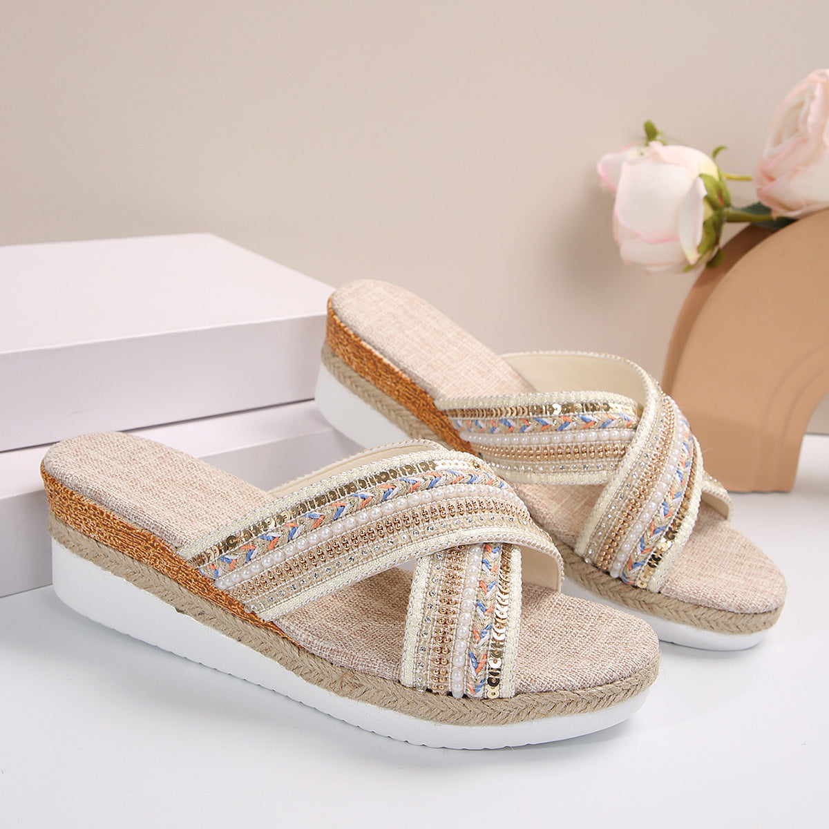 Linen Women's Female Wedge Sandals Summer Ethnic Style Cross-strap Sandals For Women Non-slip Slides Beach Shoes Beige