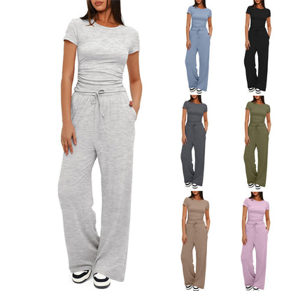 Women's 2pcs Solid Color Casual Sports Yoga Suit Short-sleeved Top And High-waisted Drawstring Wide-leg Pants Summer Fashion Set For Women Clothing