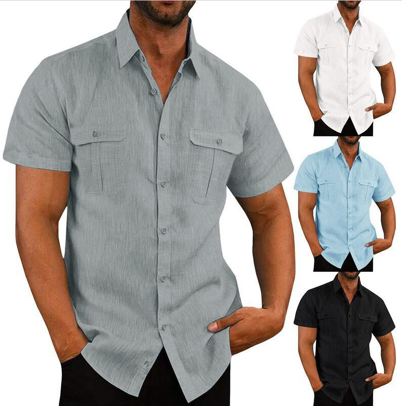 Men's Summer Casual Double Pocket Wide Collar Beach Shirt Summer